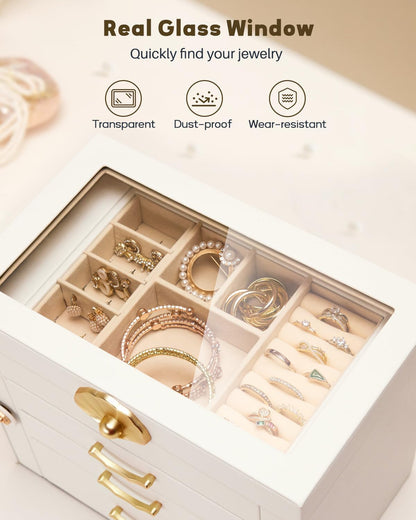 Enthralite Modern Jewelry Organizer for Women: 4-Layer Box with Clear Lid