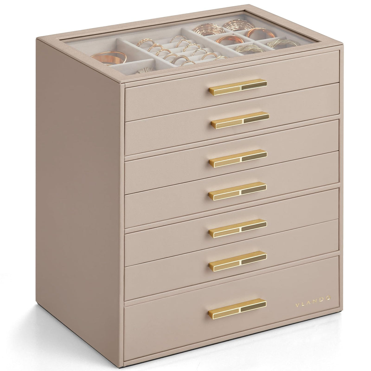 VLANDO Jewelry Box Organizer, 3-Layer Storage Drawers, Glass Window, Modern