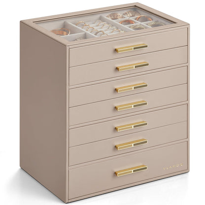 VLANDO Jewelry Box Organizer, 3-Layer Storage Drawers, Glass Window, Modern