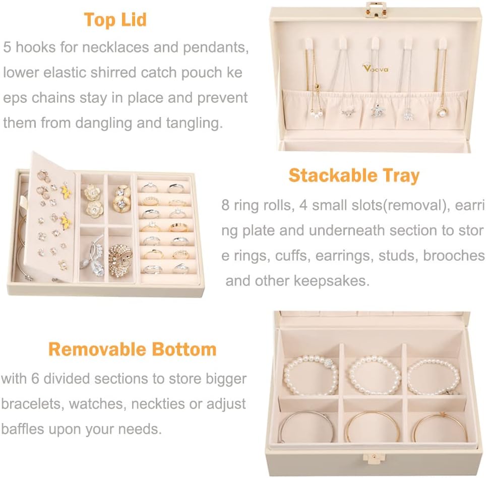 Voova 2 Layer Jewelry Box Organizer with Removable Tray, Vintage Gift, Apricot