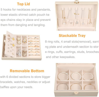 Voova 2 Layer Jewelry Box Organizer with Removable Tray, Vintage Gift, Apricot