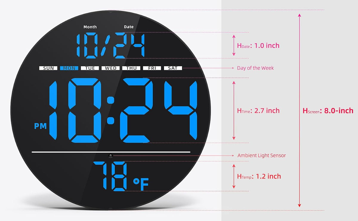 Digital Wall Clock with Large LED Display, Date, Temperature, Auto-Brightness | Small [PLUG-IN] Clock | Modern Electric Wall Clock for Bedroom, Classroom, Living Room, Home, Office, Farmhouse - Blue