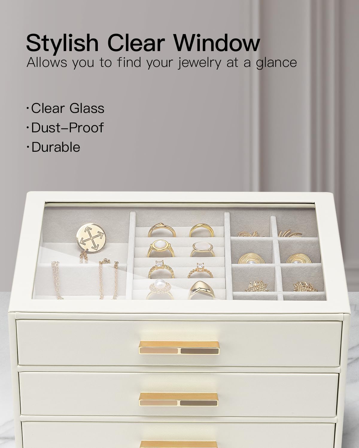 VLANDO Jewelry Box Organizer, 3-Layer Storage Drawers, Glass Window, Modern
