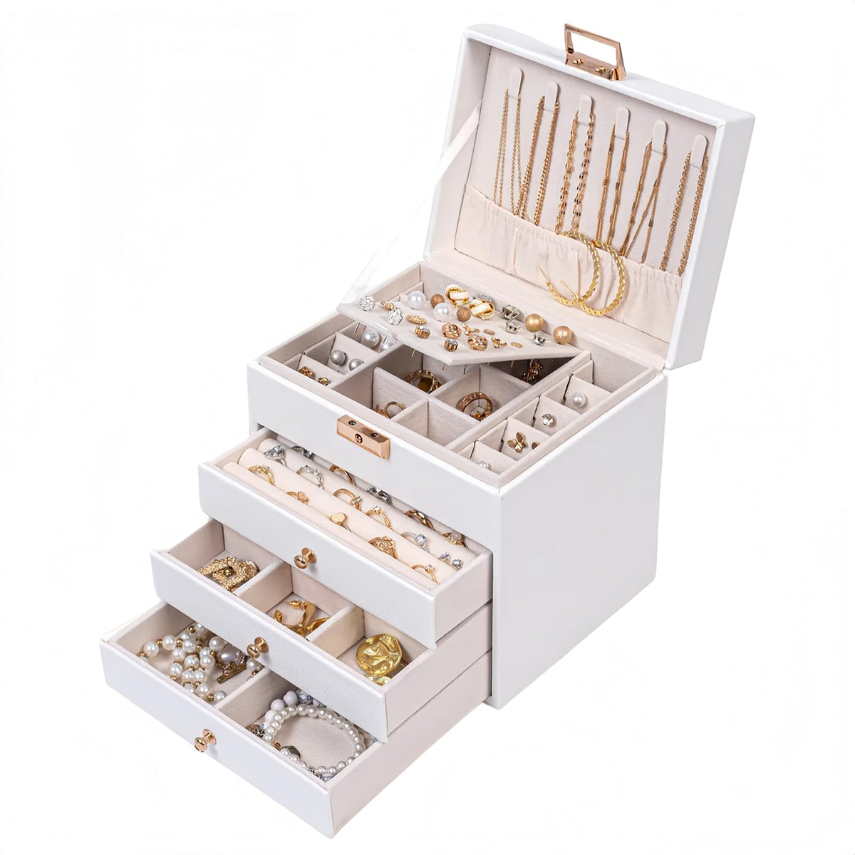 Leather Jewelry Box with Lock for Women, 4-Tier 3-Drawer Jewelry Organizer