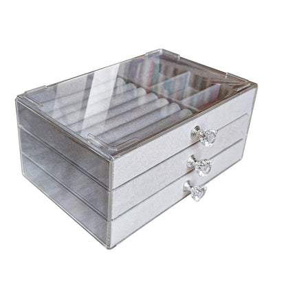 Clear Acrylic Velvet Jewelry Organizer with 3 Drawers, Stackable Display Storage Earrings Necklace Rings Bracelets Box Holder Case for Women, Pink