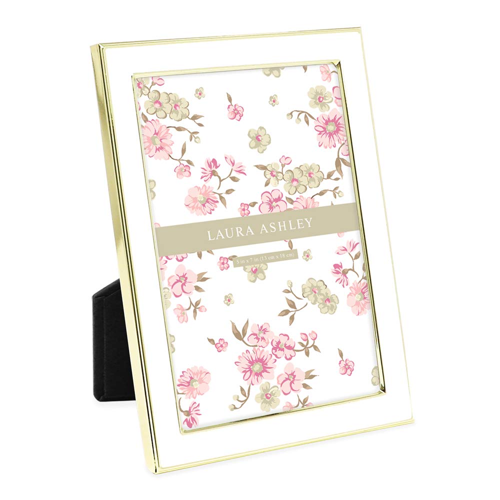 Laura Ashley 4x6 White Enamel Picture Frame, Gold Metal Edge w/Easel