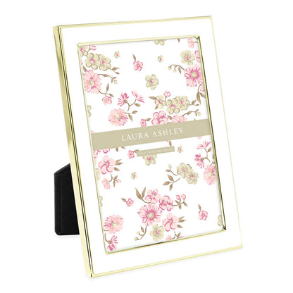Laura Ashley 4x6 White Enamel Picture Frame, Gold Metal Edge w/Easel