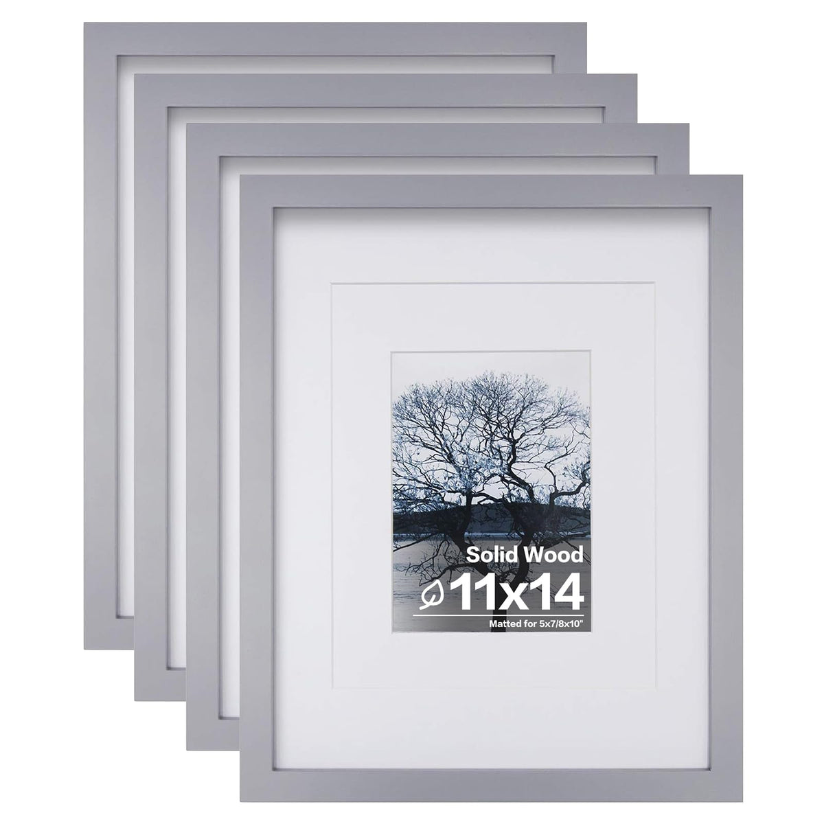 Egofine 11x14 Picture Frames 4 Pack Display Pictures 5x7/8x10 with Mat or 11x14 Without Mat Made of Solid Wood Covered by Plexiglass for Table Top Display and Wall Mounting Photo Frame, Light Brown