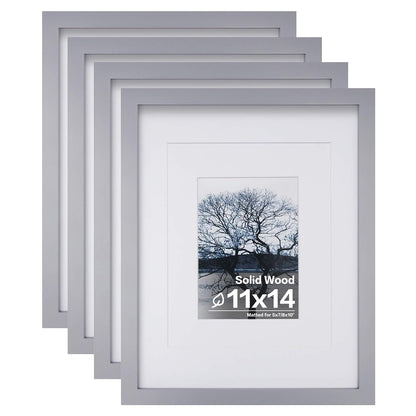 Egofine 11x14 Picture Frames 4 Pack Display Pictures 5x7/8x10 with Mat or 11x14 Without Mat Made of Solid Wood Covered by Plexiglass for Table Top Display and Wall Mounting Photo Frame, Light Brown