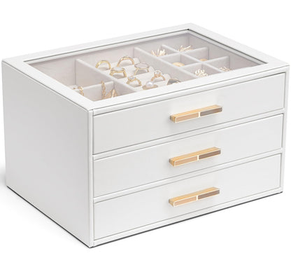 VLANDO Jewelry Box Organizer, 3-Layer Storage Drawers, Glass Window, Modern