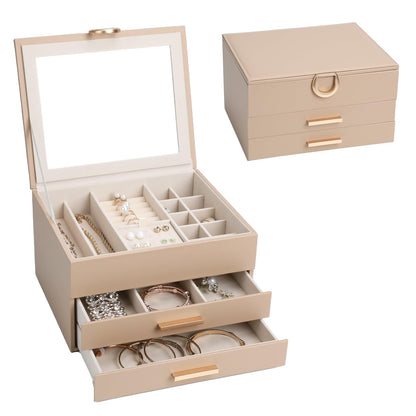 Jewelry Storage Box for 150+ Items - Features a Mirror, Smooth Gliding Drawers, and Non-Slip Earring Pads for Maximum Organization White