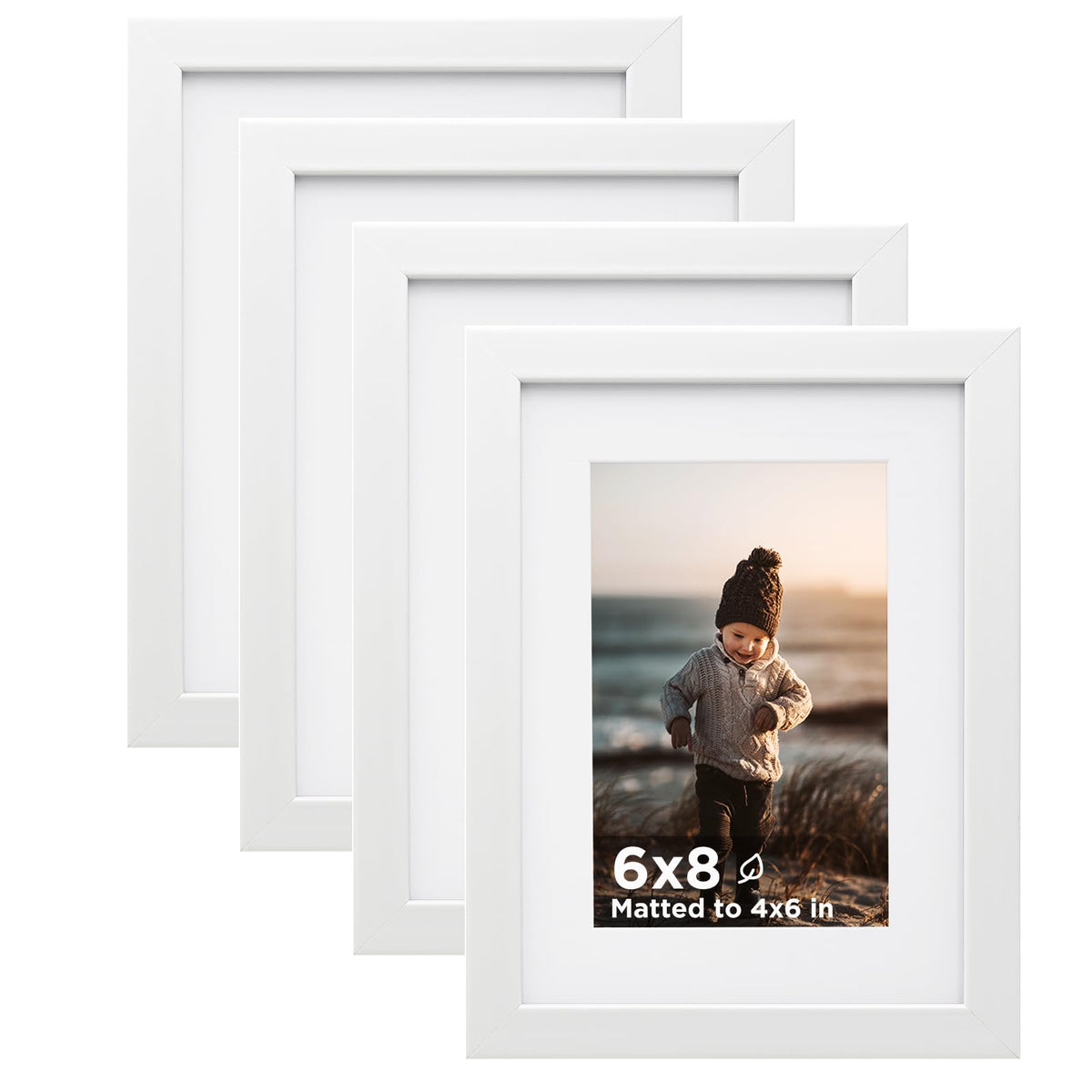 KINLINK 5x7 Picture Frame White Set of 4, Wooden Photo Frames Matted 4x6 with Plexiglass for 4x6 with Mat or 5x7 without Mat for Table and Wall Display