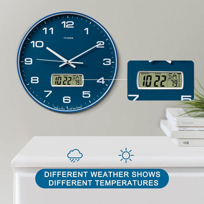 TIMESS 12-Inch Non-Ticking Analog Wall Clock with LCD Display, Blue