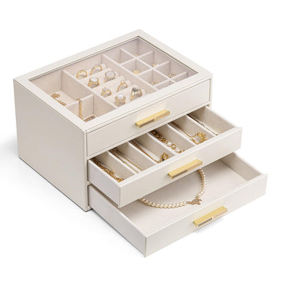 Vlando 4-Drawer Jewelry Box Organizer with Glass Lid, White