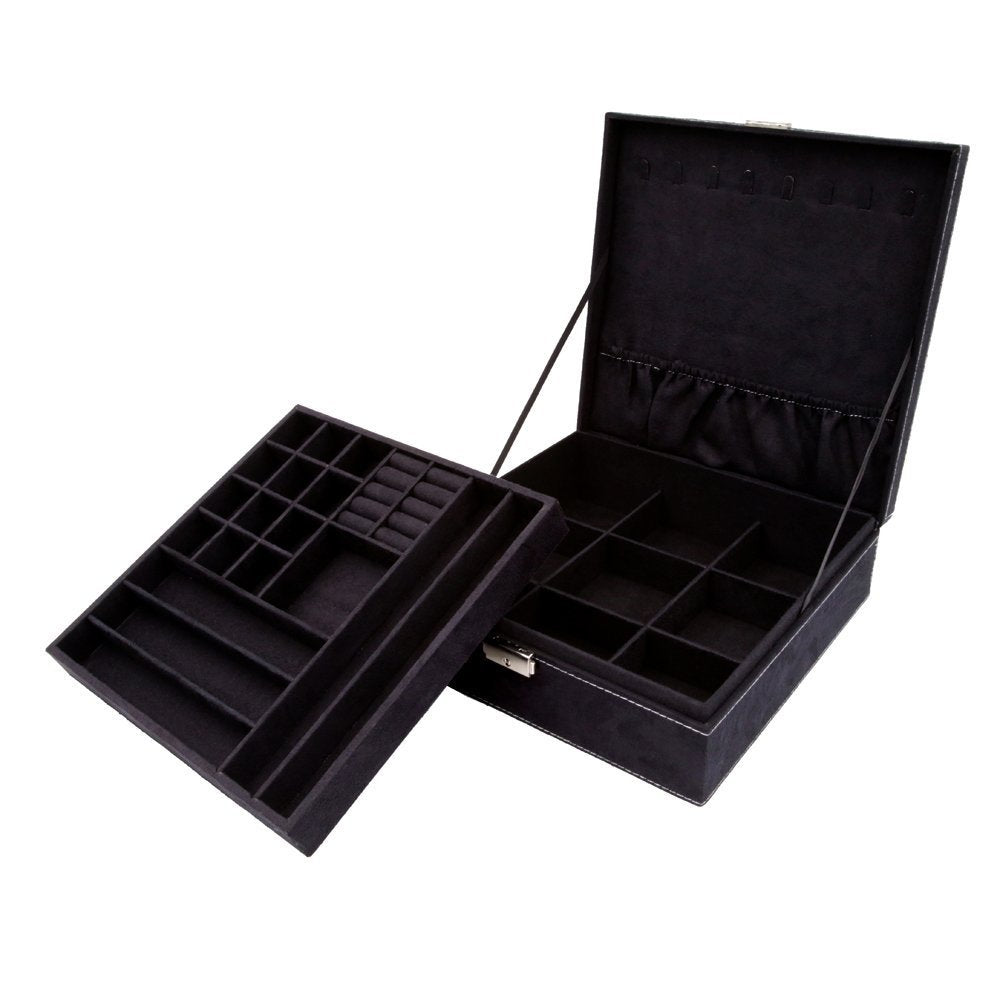Two-Layer lint Jewelry Box Organizer Display Storage case with Lock (Blue)