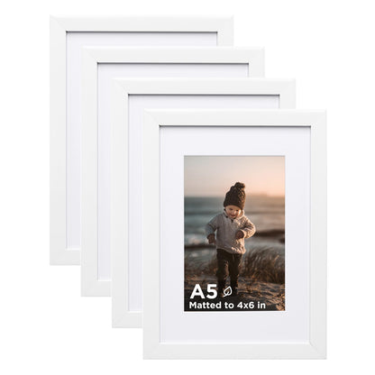 KINLINK 5x7 Picture Frame White Set of 4, Wooden Photo Frames Matted 4x6 with Plexiglass for 4x6 with Mat or 5x7 without Mat for Table and Wall Display