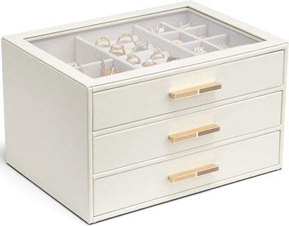 VLANDO Jewelry Box Organizer, 3-Layer Storage Drawers, Glass Window, Modern