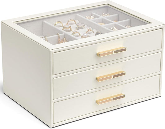 VLANDO Jewelry Box Organizer, 3-Layer Storage Drawers, Glass Window, Modern