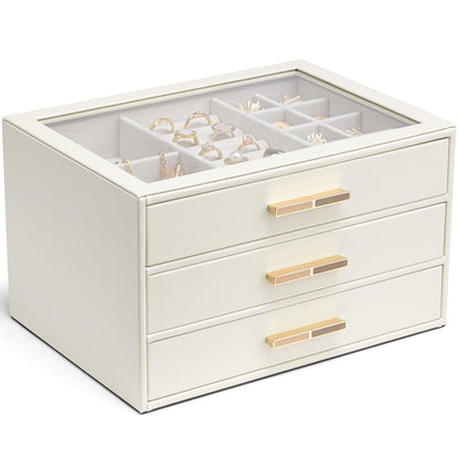 VLANDO Jewelry Box Organizer, 3-Layer Storage Drawers, Glass Window, Modern