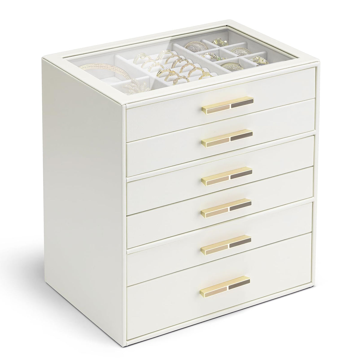 Vlando 4-Drawer Jewelry Box Organizer with Glass Lid, White