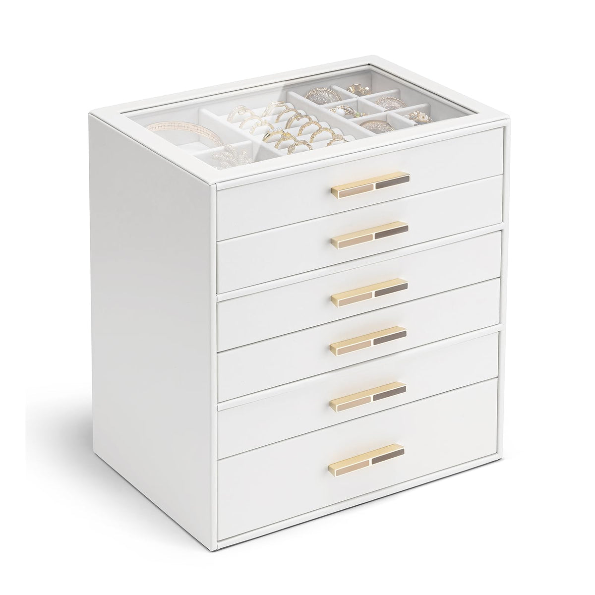 Vlando 4-Drawer Jewelry Box Organizer with Glass Lid, White