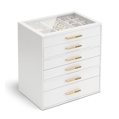 Vlando 4-Drawer Jewelry Box Organizer with Glass Lid, White