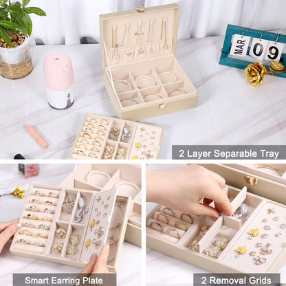 Voova 2 Layer Jewelry Box Organizer with Removable Tray, Vintage Gift, Apricot