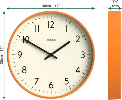 JONES CLOCKS® Studio Clock | Modern Round wall Clock | 12" | Orange