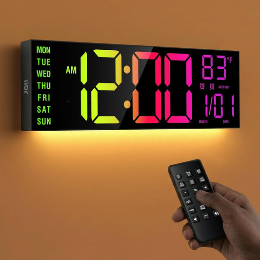 JALL 16" Large Digital Wall Clock with RGB Colors for Classroom, Wall Clock with Bluetooth Time Setting, Digital Clock with Temp Timer Dual Alarm, Wall Decor for Teacher Student Office Bedroom, Black