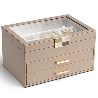 VLANDO Jewelry Box Organizer, 3-Layer Storage with Glass Window