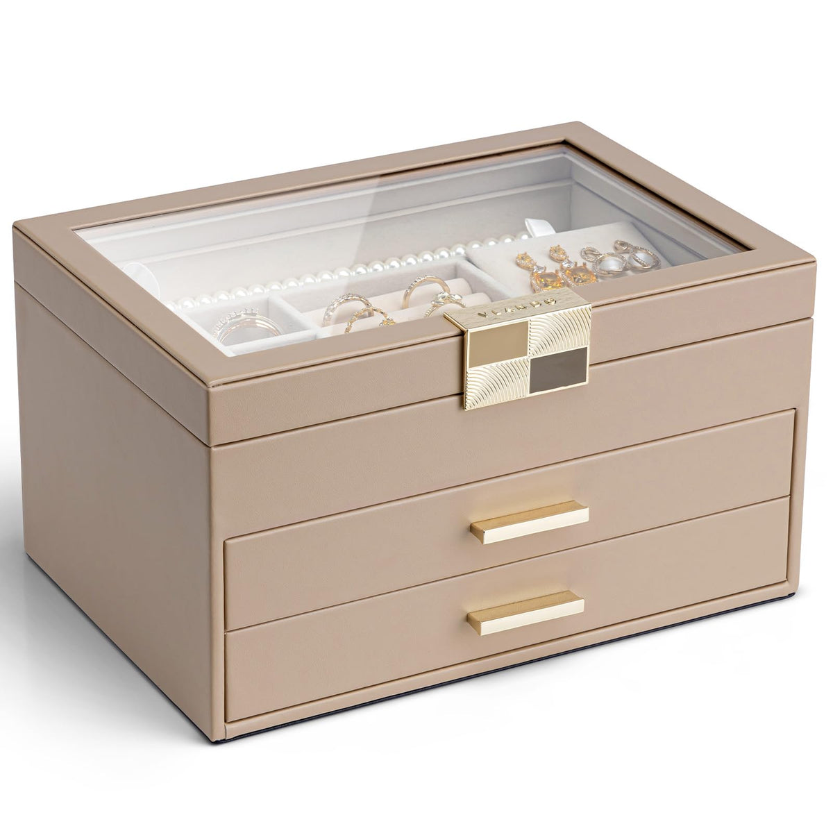 VLANDO Jewelry Box Organizer, 3-Layer Storage with Glass Window