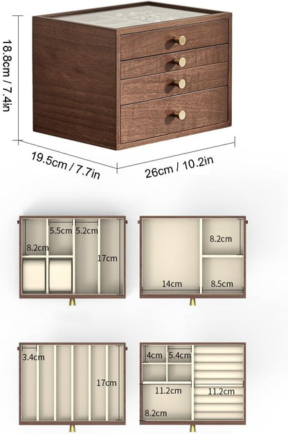 Black Walnut Wooden Women Jewelry Box with Glass Lid, 4 Layer