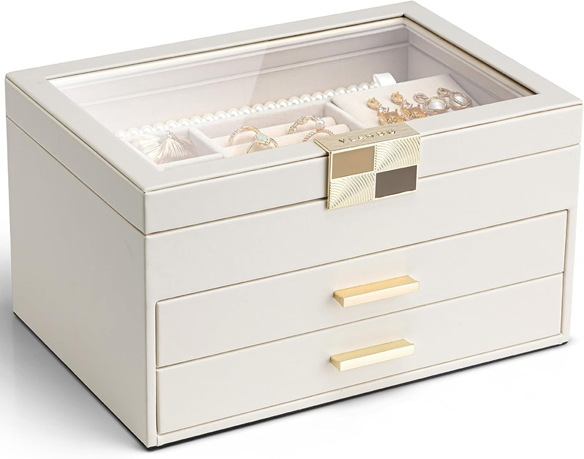 VLANDO Jewelry Box Organizer, 3-Layer Storage with Glass Window
