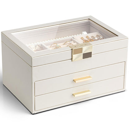VLANDO Jewelry Box Organizer, 3-Layer Storage with Glass Window