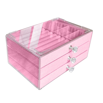 Clear Acrylic Velvet Jewelry Organizer with 3 Drawers, Stackable Display Storage Earrings Necklace Rings Bracelets Box Holder Case for Women, Pink
