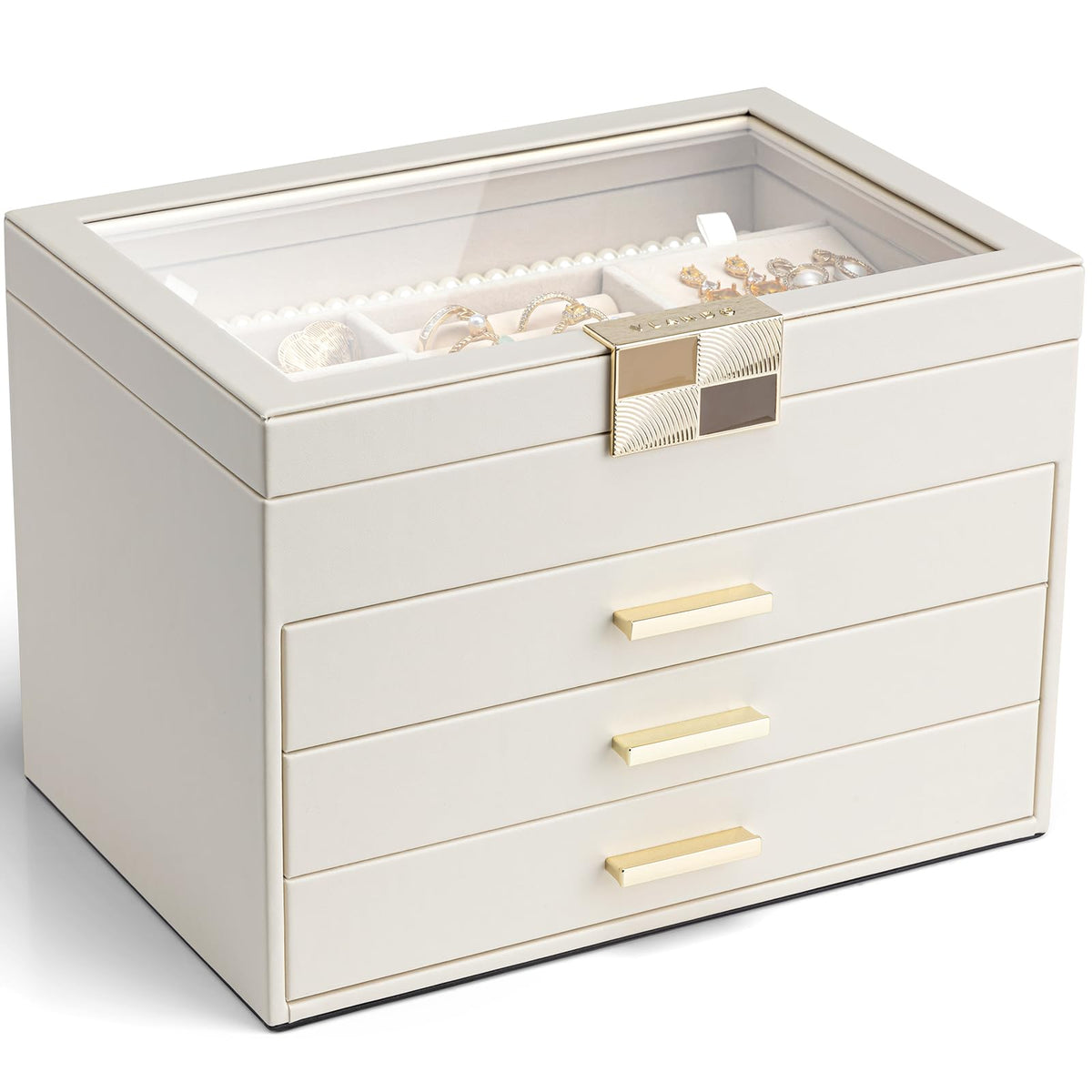 VLANDO Jewelry Box Organizer, 3-Layer Storage with Glass Window