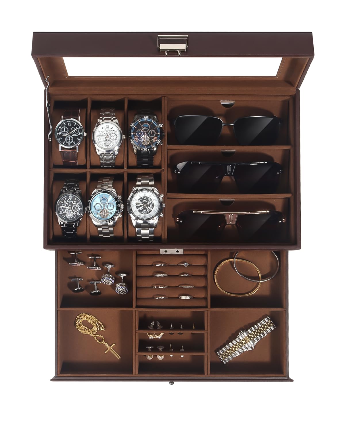 Kukikan Mens Jewelry Box Organizer, 6 Watch Slots & 3 Sunglasses -Black