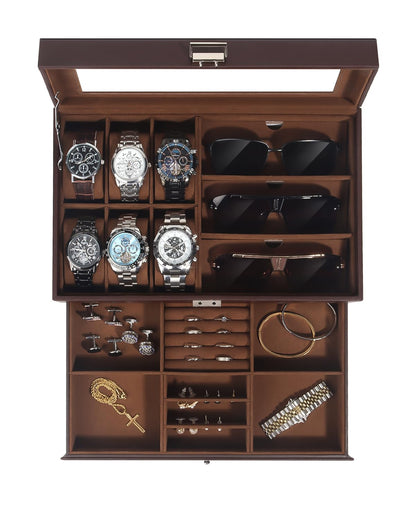 Kukikan Mens Jewelry Box Organizer, 6 Watch Slots & 3 Sunglasses -Black