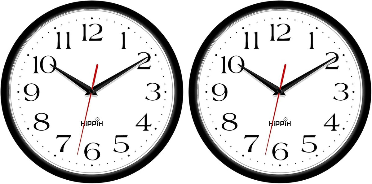 HIPPIH 10 Inch Wall Clock, 2Pack Silent Non Ticking Battery Operated Clocks