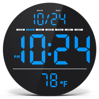 Digital Wall Clock with Large LED Display, Date, Temperature, Auto-Brightness | Small [PLUG-IN] Clock | Modern Electric Wall Clock for Bedroom, Classroom, Living Room, Home, Office, Farmhouse - Blue