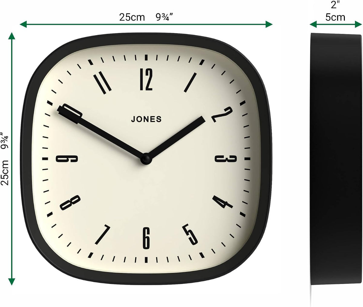 JONES CLOCKS® Marvel wall Clock | Retro Rounded Square Clock | 10" | Black