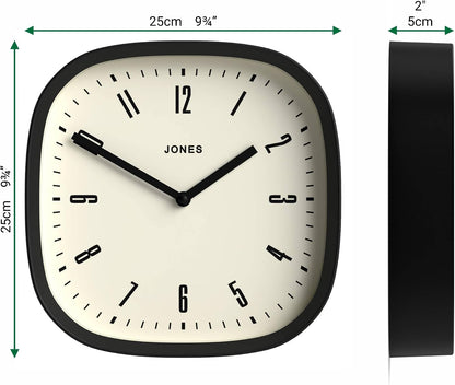 JONES CLOCKS® Marvel wall Clock | Retro Rounded Square Clock | 10" | Black