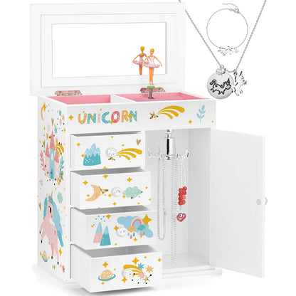 Jewelry Box for Girls 5-Layer with Swing Door Spinning Ballerina Unicorn &Castle Design Unicorn Jewelry Set Included Kids Music Box for Little Girls Birthday Christmas Gift (White)