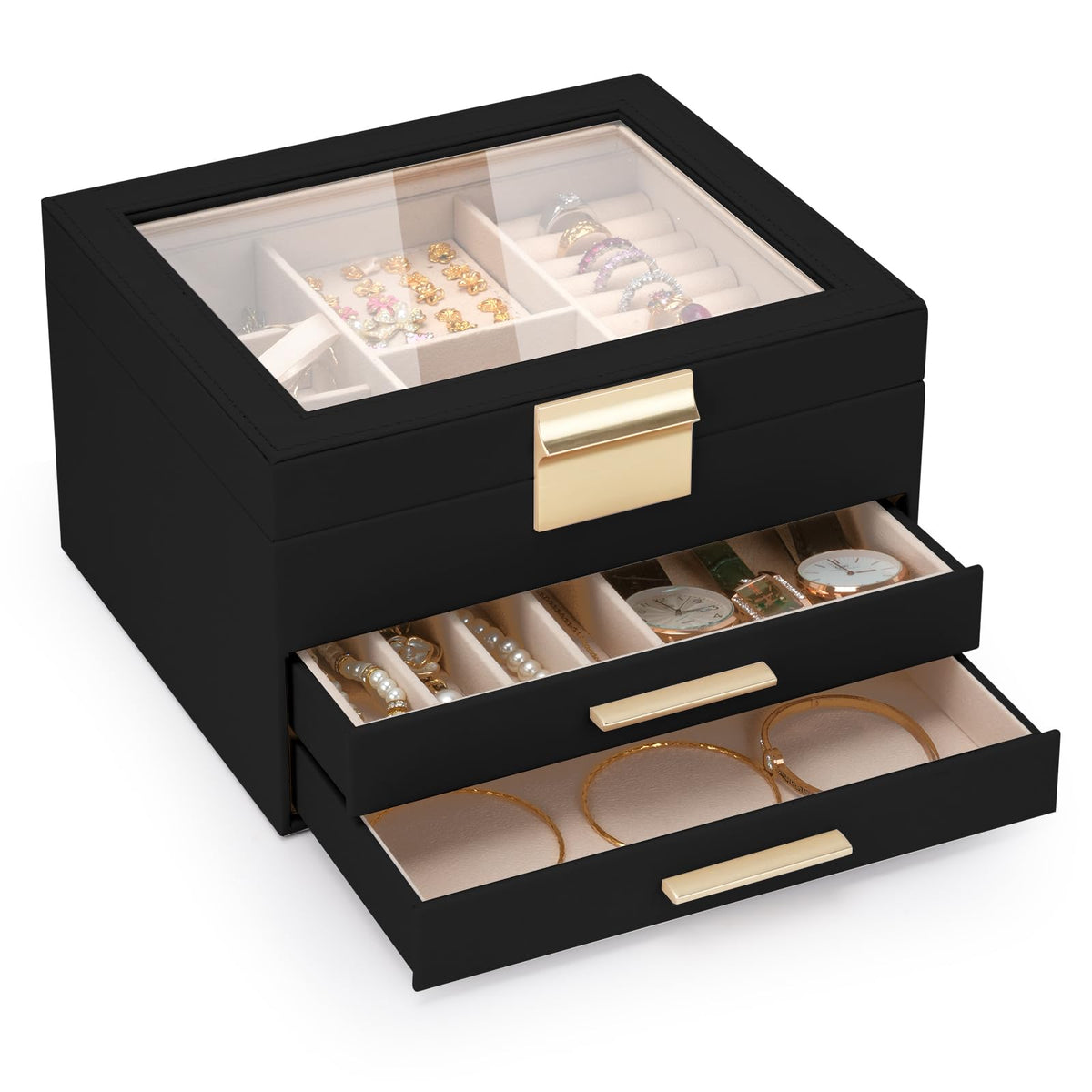 Jewelry Box for Women, 3-Layer Jewelry Box, Jewelry Organizer with Clear Glass Lid and Drawers, Jewelry Organizers and Storage for Necklaces, Rings, Earrings, Bracelets(White)