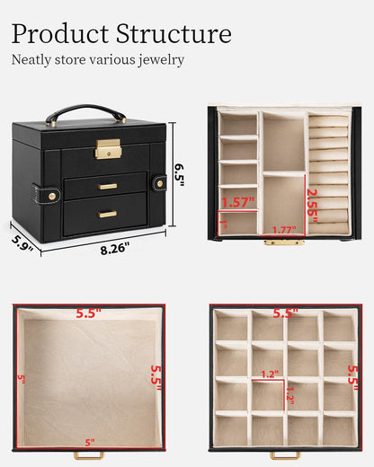 TORIBIO Jewelry Box for Women, Leather Jewelry Organizer with Mirror & Lock, 3-Tier Jewelry Storage Organizer with 2 Drawers for Girls/Women/Mothers, Necklace Earring Bracelets Holder Organizer