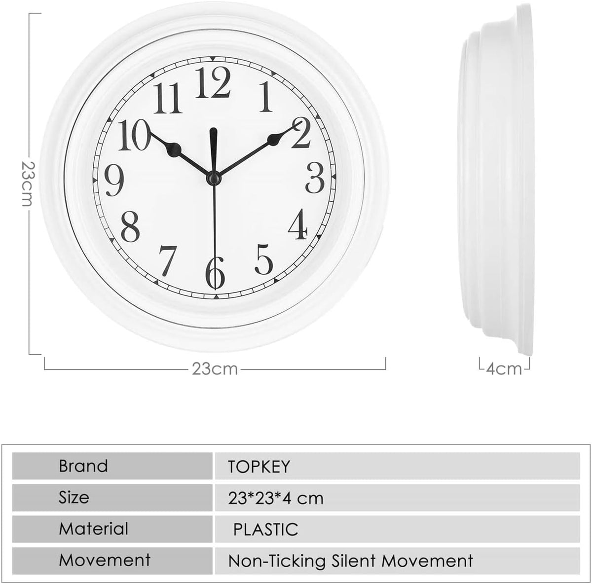 Topkey Silent Wall Clock Kitchen 9 Inch Retro Non-Ticking Decorative Bedroom Office Wall Clock - White
