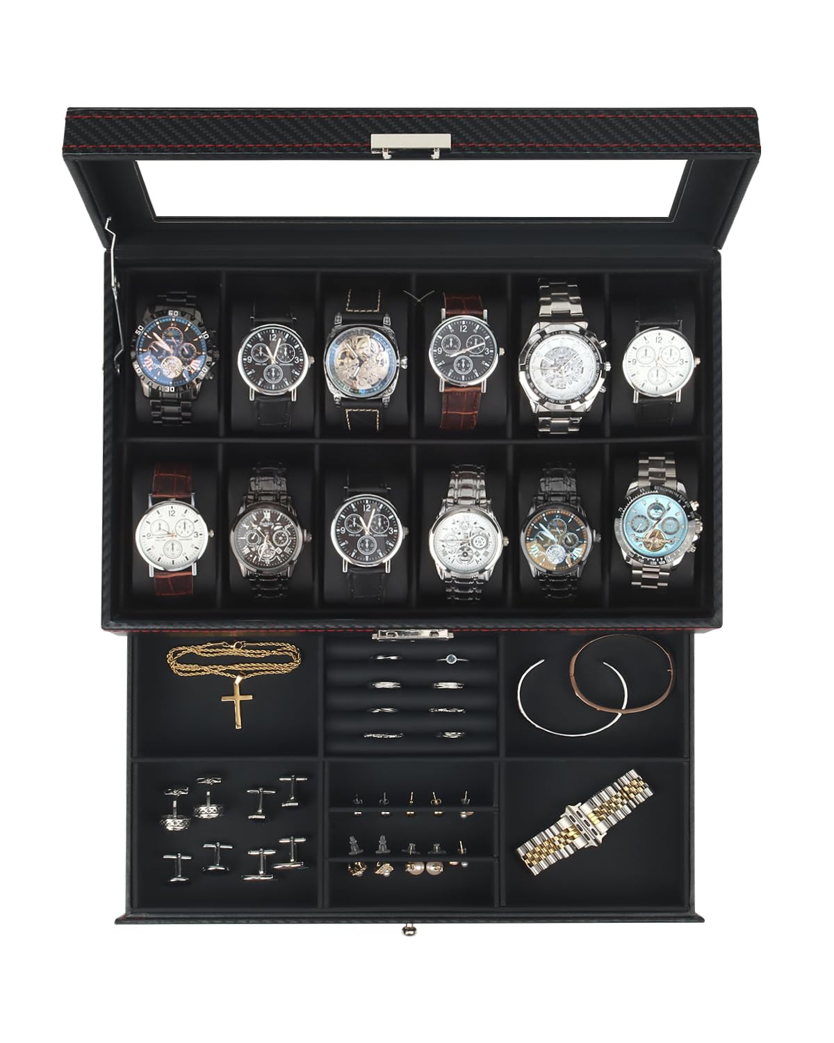 Kukikan Mens Jewelry Box Organizer, 6 Watch Slots & 3 Sunglasses -Black