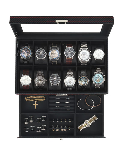 Kukikan Mens Jewelry Box Organizer, 6 Watch Slots & 3 Sunglasses -Black