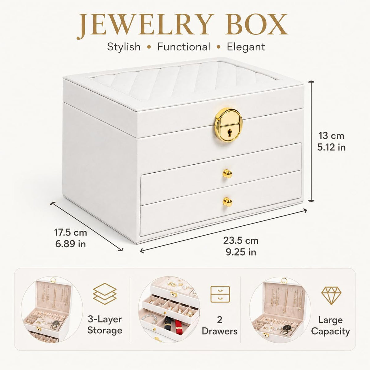 Jewelry Boxes for Women Girl Large PU Leather Jewelry Organizer Box with Lock Jewelry Organizers and Storage Case with Two drawers Display for Earrings Bracelets Rings Watches