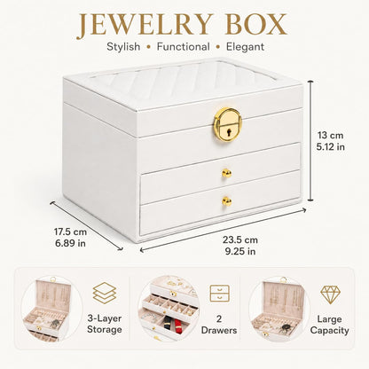 Jewelry Boxes for Women Girl Large PU Leather Jewelry Organizer Box with Lock Jewelry Organizers and Storage Case with Two drawers Display for Earrings Bracelets Rings Watches
